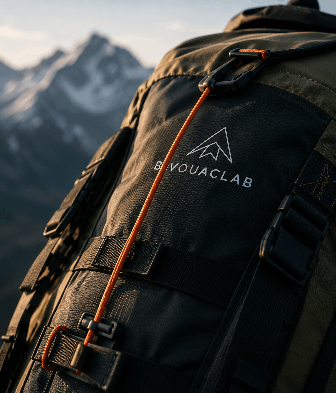 Détail d’un sac à dos technique observé pendant une préparation outdoor