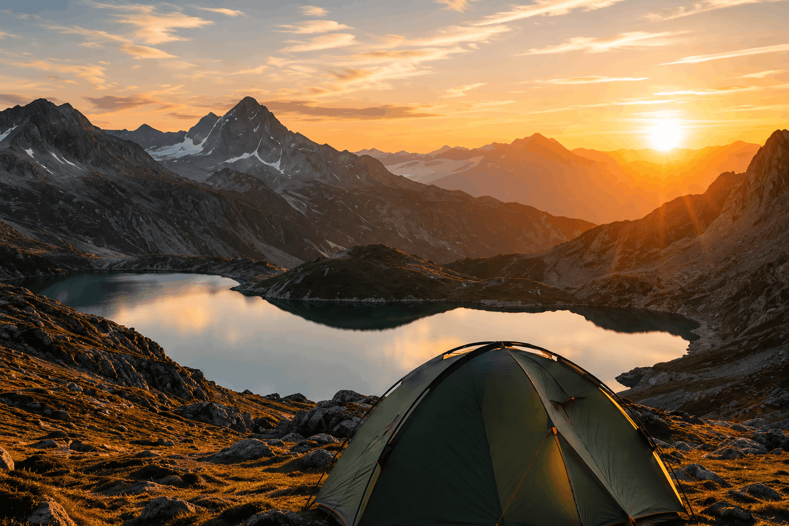 Bivouac installé face aux montagnes dans une lumière de fin de journée