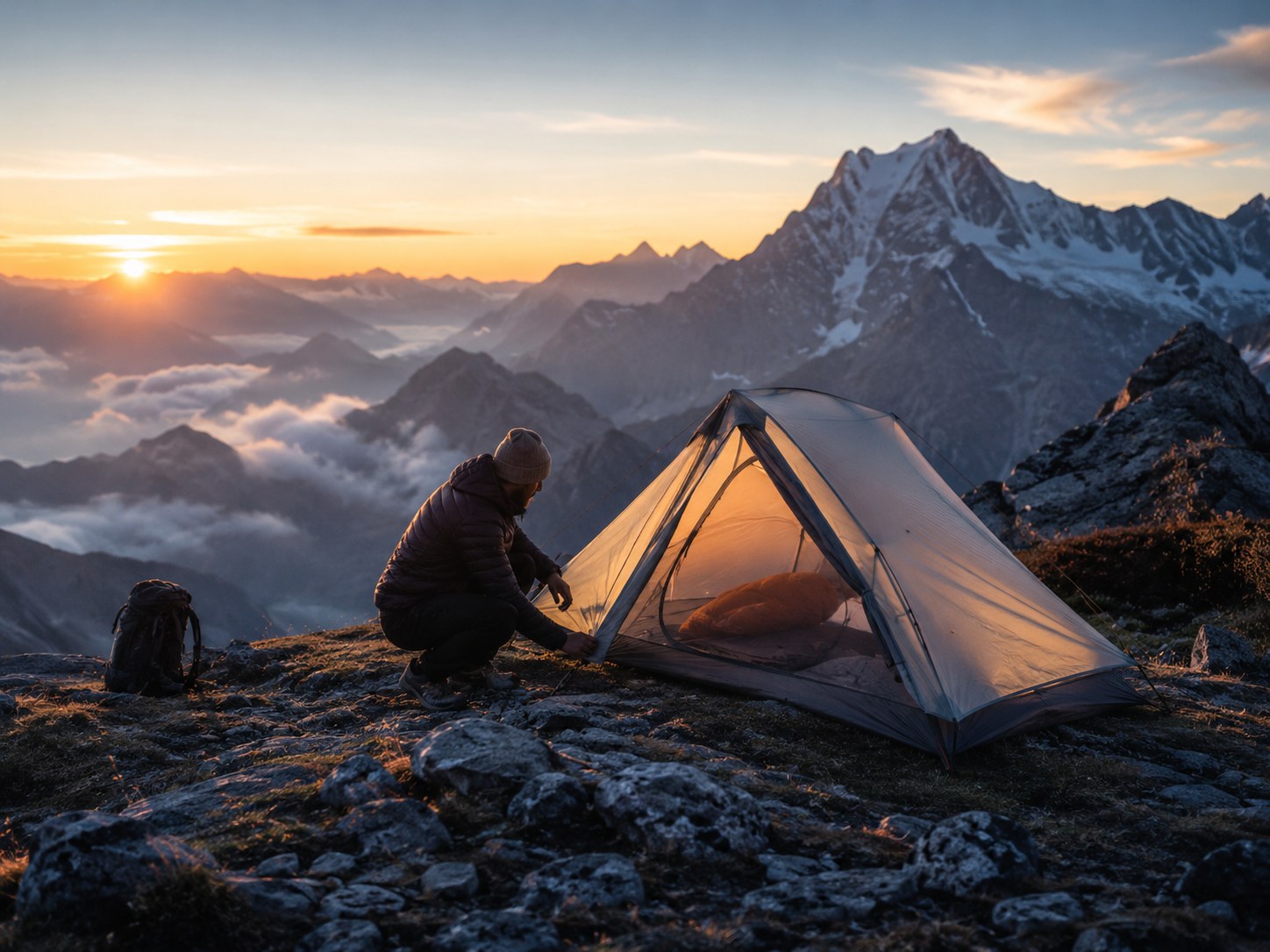 Tente de bivouac au lever du soleil