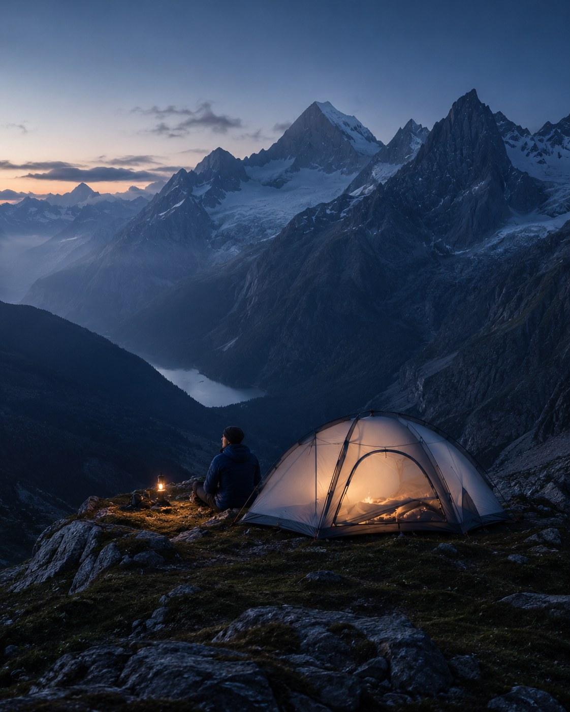 Tente de bivouac en montagne au crépuscule