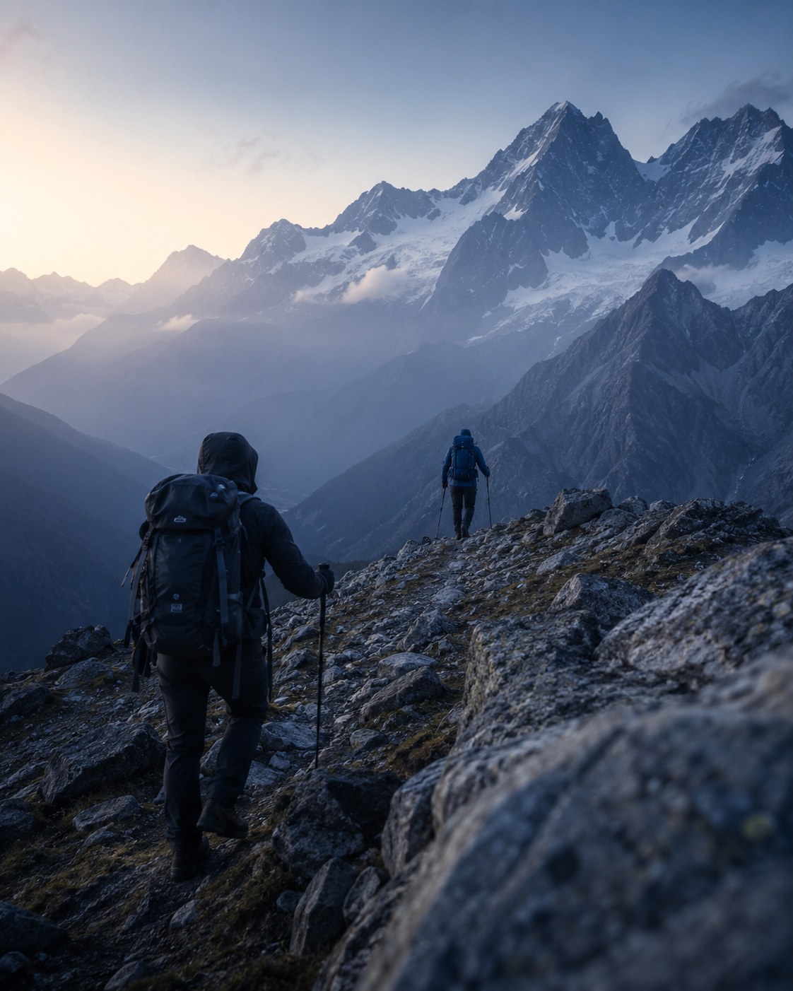 Trekkers sur itinéraire alpin engagé